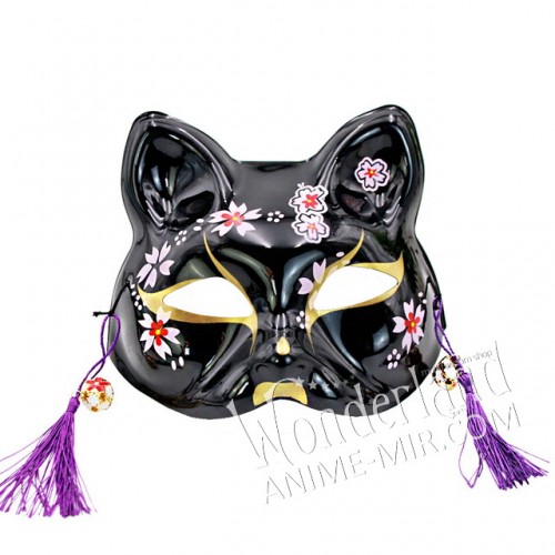Японская карнавальная маска лисы кицунэ - средняя черная с цветами сакуры / Japanese Kitsune Fox carnival mask